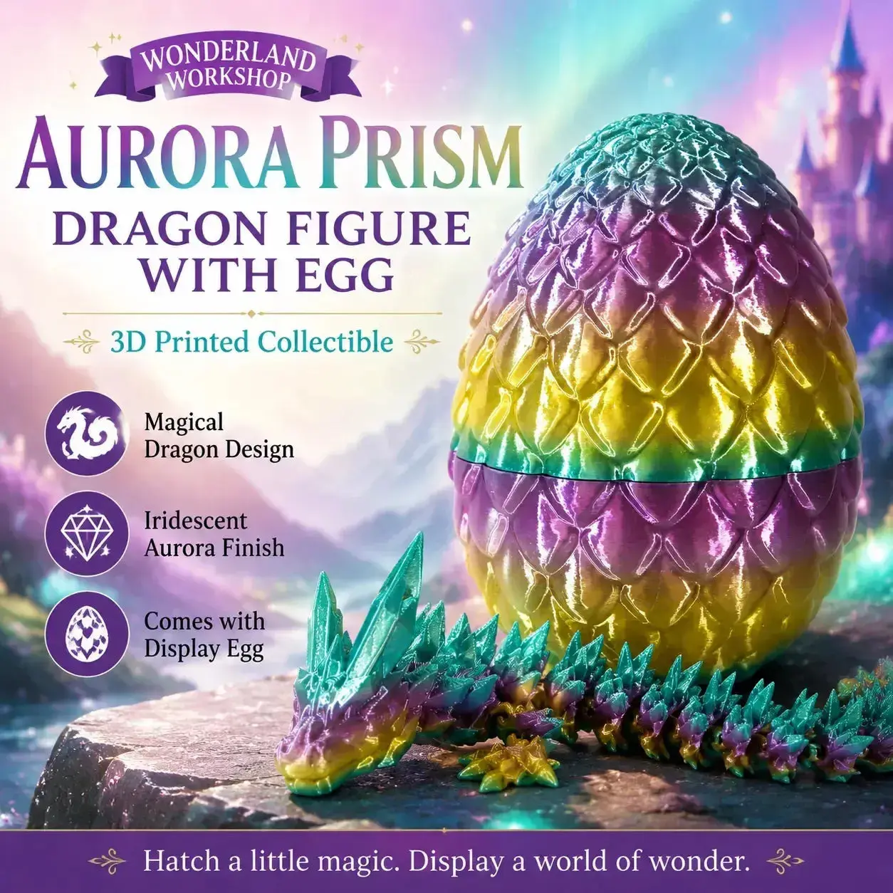 Aurora Prism Dragon Hatchling Toy Figure with Egg (3D Printed) - Wonderland Workshop