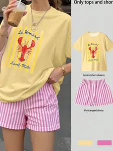 Summer Fresh French Style Lobster Stripes Print Women's Casual Elegant Simple Summer Set, Loose-Fitting Above the Knee Shorts
