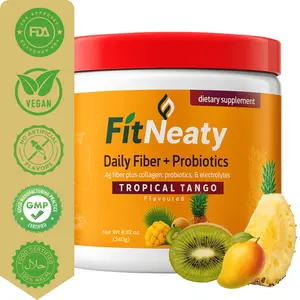 FITNEATY Daily Fiber Supplement - 4g Prebiotic Fiber + Probiotics + Collagen - Tropical Tango Flavor - Gut Health & Digestive Support - 240g Powder - Vegan, Halal, Gluten-Free