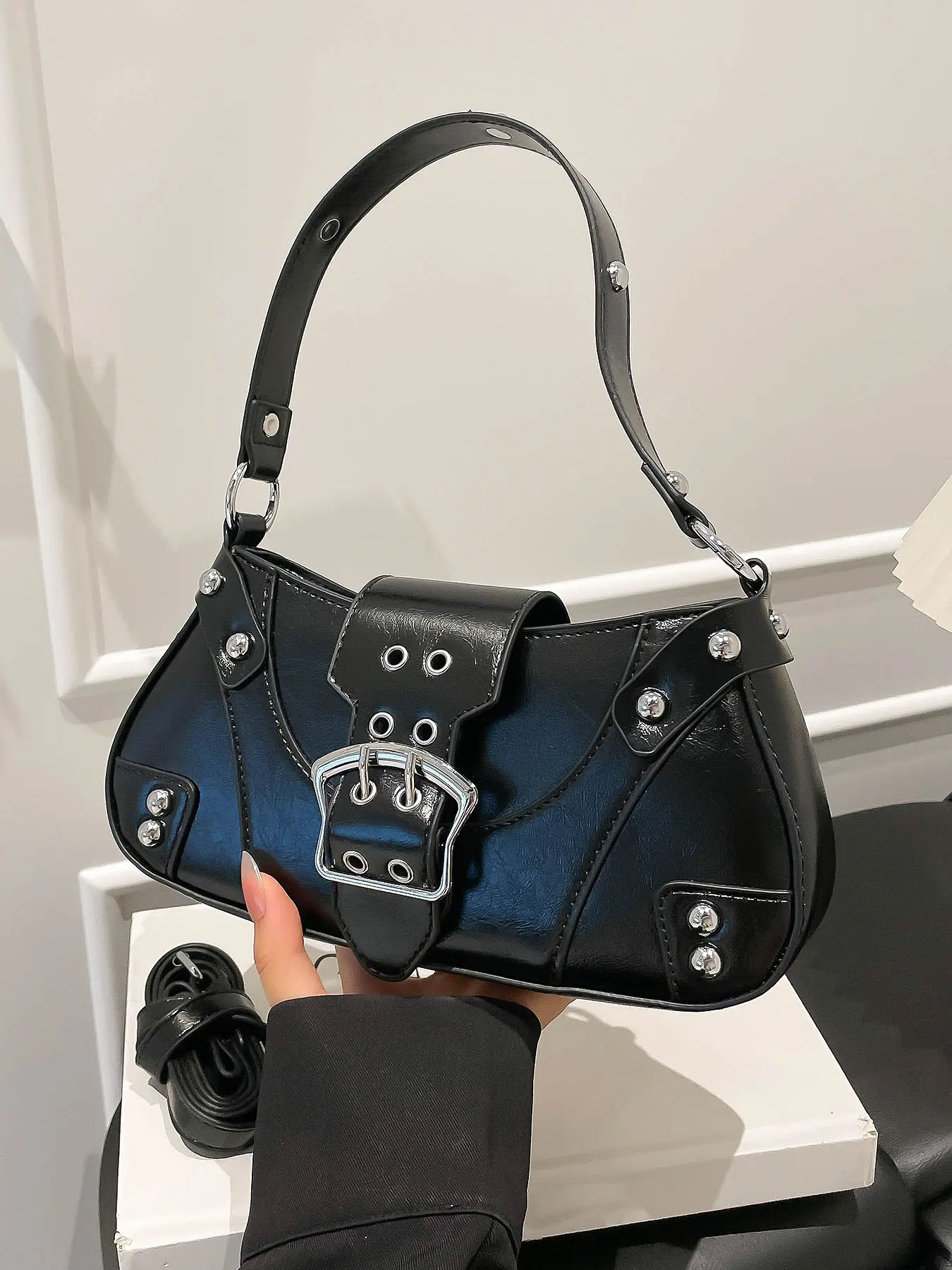 Retro motorcycle style shoulder handbag, Fashion Crossbody Bags, niche metal buckle rivet detail design, small exquisite, multi-color, suitable for daily commuting, shopping and dating, Crossbody Bag