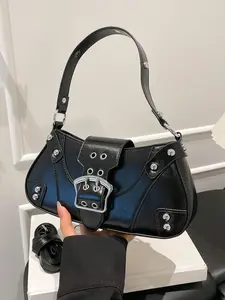 Retro motorcycle style fashionable shoulder handbag, niche metal buckle rivet detail design, small exquisite， casual handbag  versatile  multi-color optional, suitable for daily commuting, shopping and dating, etc., Fashionable Crossbody Bag