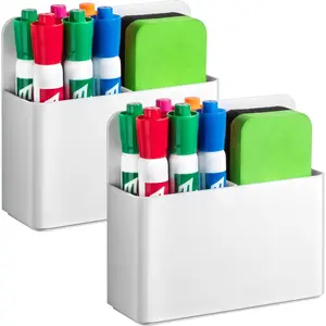 2 Pcs Magnetic Dry Erase Marker Holder for Whiteboard, Plastic Magnetic Pen Holder for Refrigerator, Magnet Pencil Cup for School Classroom, Locker Accessories Pen Cup Organizer - White
