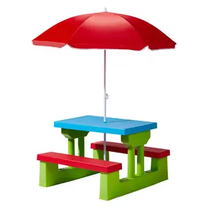 Kids Outdoor Picnic Table with Removable Umbrella - Toddler Bench Set, 120 lbs Capacity, Easy-Clean Surface, Red/Blue/Green Options, Backyard Camping Furniture