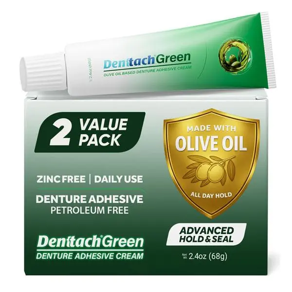 Denttach Green Denture Adhesive, Petroleum Free Olive Oil Based Denture Cream for Full and Partial Dentures, All Day Secure Hold Premium Denture Glue, Zinc Free, 2.4 Ounce