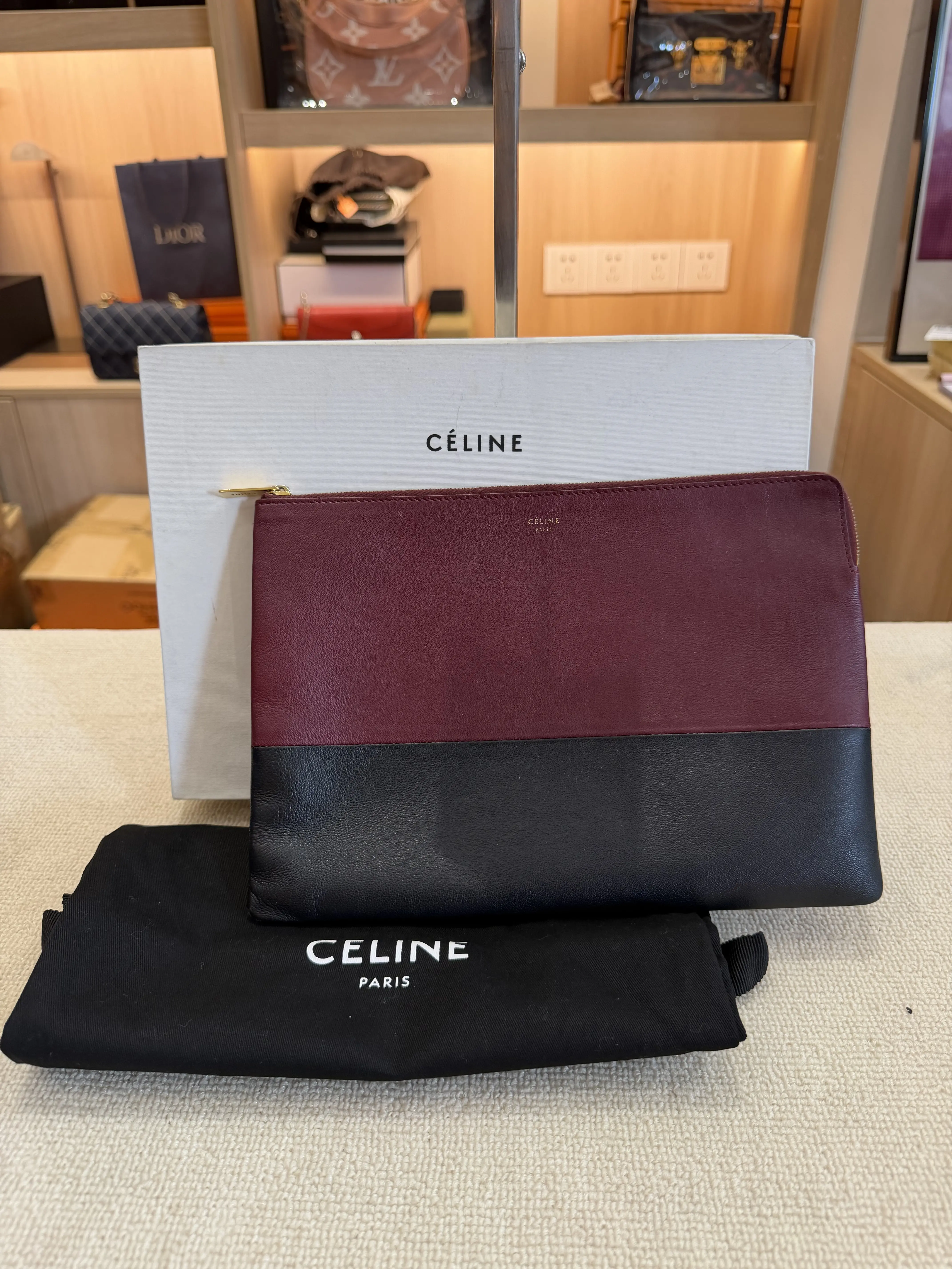 Pre-owned Celine Bicolor Zip Pouch Burgundy & Black