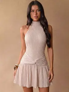Olive Green Ruched A-Line Mini Dress, Elegant Halter Neck Summer Beach Vacation & Brunch Outfit