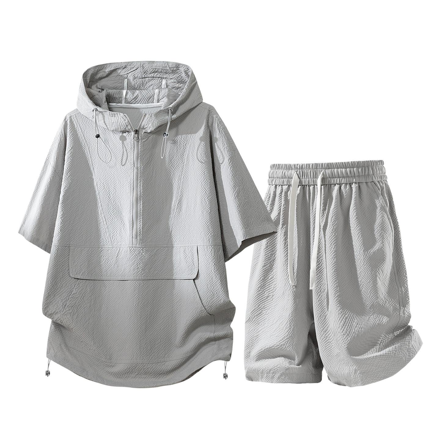 New summer casual men’s short-sleeve T-shirt and shorts set featuring bubble plaid, a hood, faux solid color, minimalist style—versatile loose fit two-piece set. #SummerWins