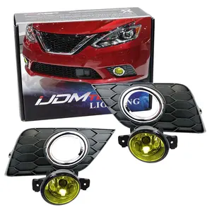 iJDMTOY Complete Set Yellow Lens Fog Lights Foglamp Kit For 2016-20 Nissan Sentra (Facelift), with Halogen Bulbs, Wiring On/Off Switch and Garnish Bezel Covers w/Chrome Trim