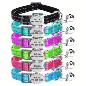 Customizable Reflective Breakaway Cat Collar with Bell - Personalized Engraved Name and Phone Number, Adjustable Nylon Material, Durable and Safe Design for Cats - Ideal for Outdoor Play and Identification
