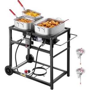 VEVOR Outdoor Propane Deep Fryer, Dual-Tank 18QTx2 Commercial Fryer, Multi-Purpose Portable Frying Cart with Wheel, 3 Basket, 2 Thermometer, Stainless Steel Cooker for Fish Fry Wings Fries, 40,000 BTU