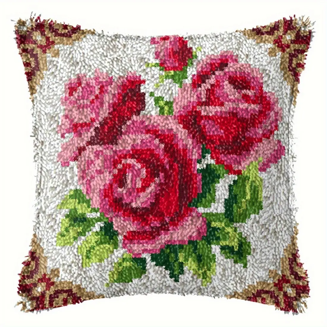 DIY Latch Hook Pillowcase Kit for Beginners & Adults, 43cm x 43cm (17in x 17in) 3-Rose Pattern Pre-Printed Crafting Supplies, Plastic Components, Memorable Christmas Gift