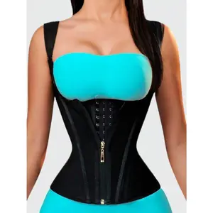 Women's Colombian Waist Trainer Corset - Fabric Compression Tummy Control Girdle with Adjustable Shoulder Straps, Button, Striped Design for Everyday Fitness Shapewear