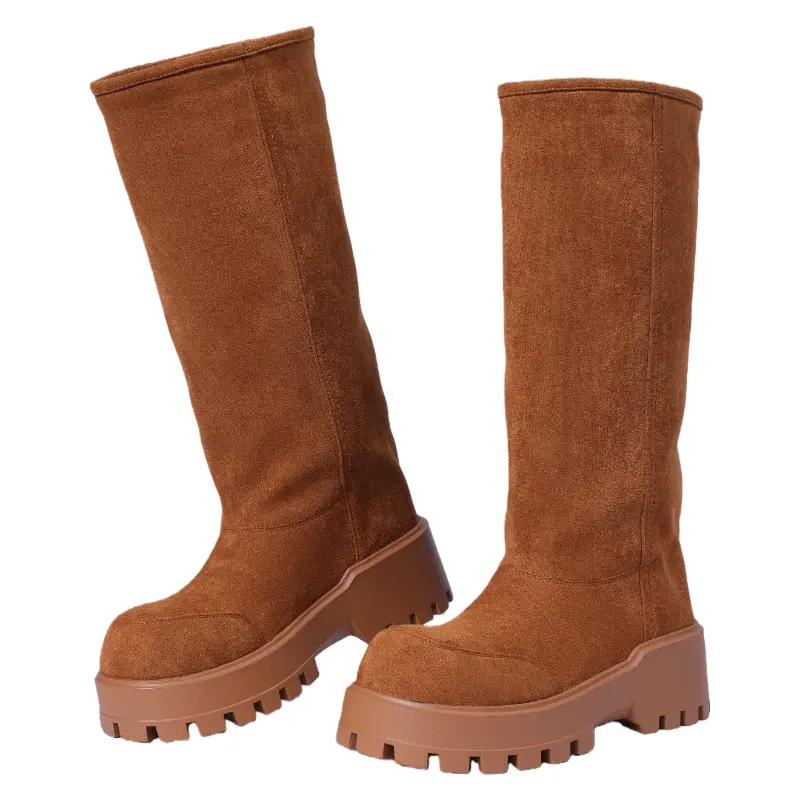 Women's Chic Suede Leather Mid-Calf Snow Boots, Chunky Round Toe Platform with Block Heel, Warm Fur Lined Winter Footwear, Christmas, Cuban, Plain, Lamb Fur, Shoe, Luxurious, Black