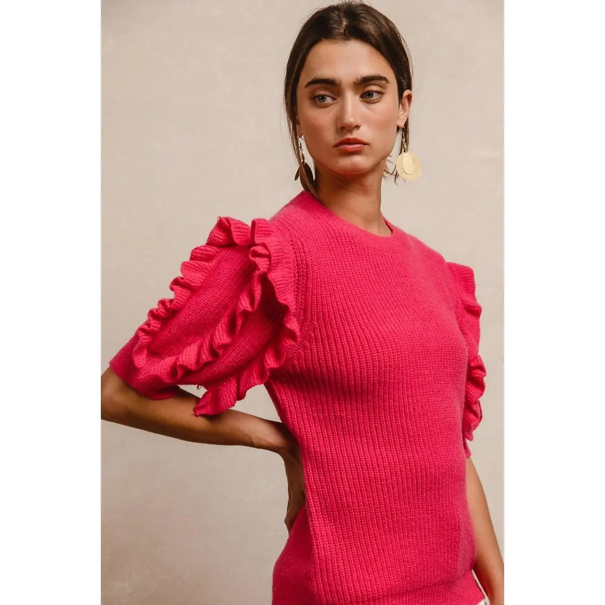 BiBi Ruffle Sleeve Ribbed Sweater