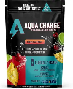 Aqua Charge Electrolytes Drink Mix Naturally Flavored Sugar Free Hydration Drinks with B Vitamins Vegan Gluten Free Non GMO Tropical Twist 16 Packs Made in USA Rapid Hydration Supplement for Energy Recovery and Peak Performance Drink Mix