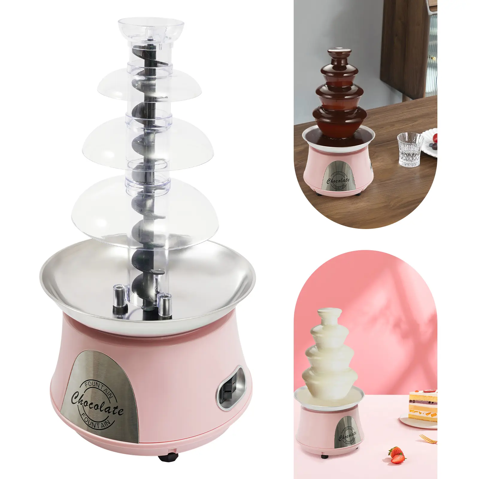 CNCEST 4-Tier Electric Chocolate Fountain Machine with Pink Base & Cheese Cascading Fondue Feature Powerful 180W Motor & Large Capacity 2.2lbs Ideal for Parties