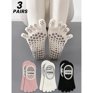 1/2/3 Pairs Women Solid Color Yoga Boat Socks, Moisture Wicking Anti-Slip Professional Pilates Five Finger Socks, Fall Socks