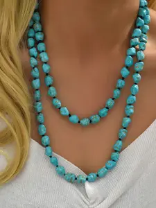 Bohemian Style Dual-Layer Irregular Turquoise Necklace, Vintage Patina Natural Stone Choker, Layered Collarbone Chain for Vacation Wear, Pendant Design