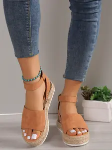 Women's Summer New Large Size Round Toe Thick Sole Sandals, Straw Rope One-Strap Wedge Heel, Beach Shoes for Vacation, Versatile Footwear