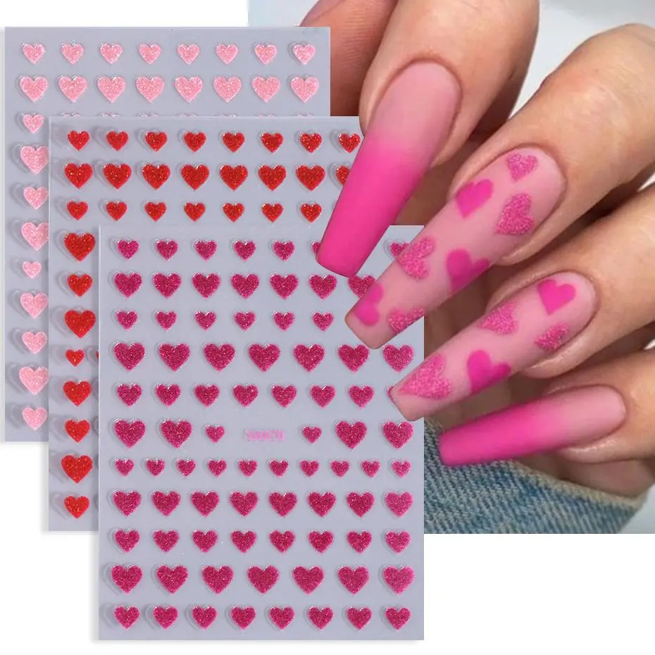 3pcs Glitter Love Heart 3D Nail Stickers Luxury Red Pink Love Nail Decals DIY Adhesive Slider Valentine Romantic Manicure Decor