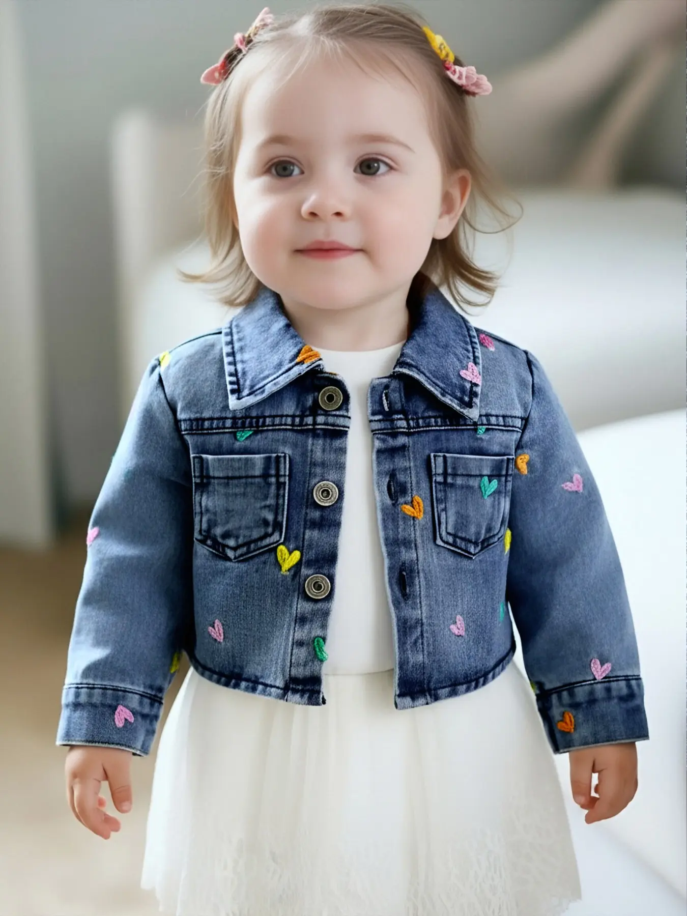 Cute Heart Embroidered Denim Jacket for Toddler Girls 6M-3T, Loose Cropped Jean Coat, Spring Fall Casual Daily Outerwear