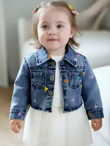 Girls Denim Collared Jacket with 3D Embroidery, Loose Regular Fit Long Sleeve, Multiple Pockets for Spring and Summer Outdoor Wear