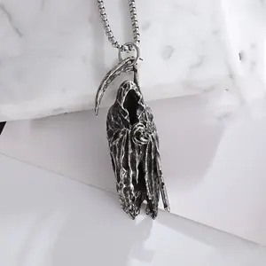 Mens Gothic Punk Alloy Scythe & Death Reaper Pendant Necklace - Edgy Mosaic-Free Plated Jewelry - Unique Fashion Accessory for Men