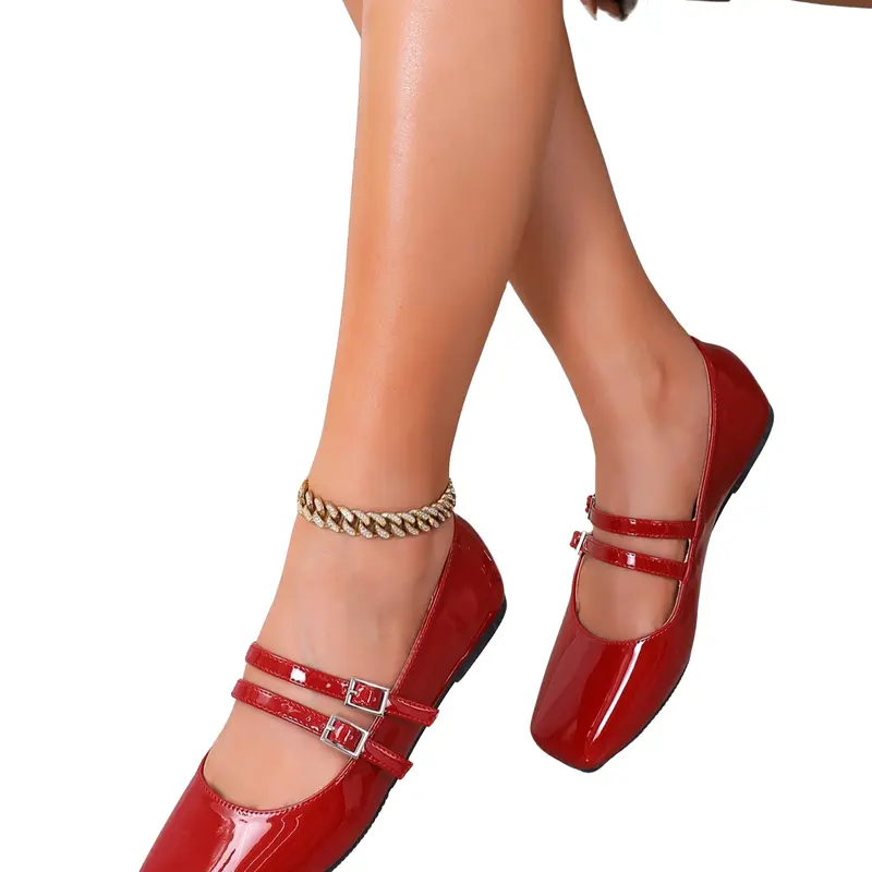 Women's Mother's Day Mary Jane Style Square Toe Shoes, Glossy PU Leather, Casual Flat, Medium Width, Rubber Sole, All Seasons