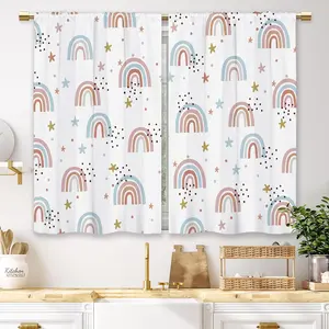 Boho Colorful Rainbow Kitchen Curtains Kids Child Boys Girls Small Short Cafe Window Curtains Cute Cartoon Blue Pink Rod Pocket Bathroom Drapes Treatment Tier Curtains 2 Panels (27.5x39 Inch)
