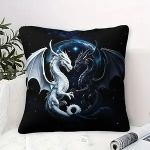Cosmic Yin Yang Dragon Print Throw Pillow (45x45cm / 17.71x17.71 inch, With Pillow Core), Fantasy Gothic Aesthetic Soft Plush Decorative Cushion for Dragon Enthusiasts & Gothic Bedroom Sofa Decor