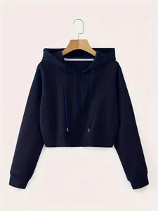 Women's Navy Cropped Zip-Up Hoodie - Full-Zip Front Closure, Soft Cotton/Poly Blend, Machine Washable Winter Warmth, Y2K Streetwear Essential