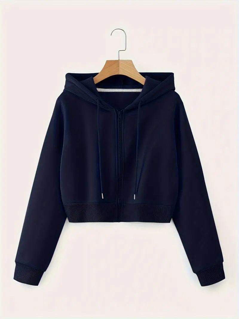 Women's Navy Cropped Zip-Up Hoodie - Full-Zip Front Closure, Soft Cotton/Poly Blend, Machine Washable Winter Warmth, Y2K Streetwear Essential