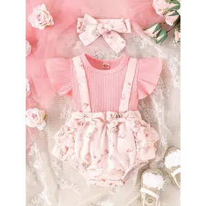 HBB100099 Children's Pink Butterfly Sleeve Floral Skirt Romper + Headband, Perfect for Outdoor