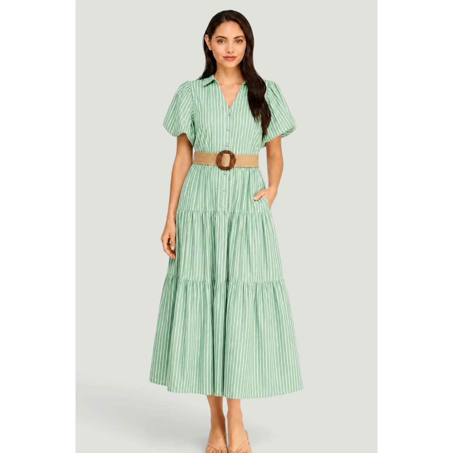 Women's Casual Wear Chic Button-Down Stripe Puff Sleeve Belted Poplin Shirt Dress, Collared Tiered for Everyday Use, Lightweight, Removable Belt, Lady, Skirt, Belted Casual Dresses