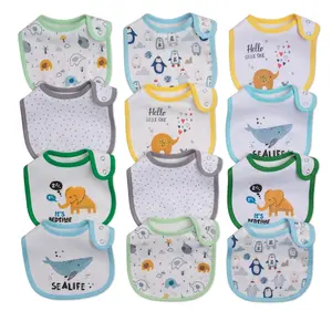 12 Pack Baby Drool Bibs Soft Skin Friendly Cotton Feeding Bibs for Boys Girls Adjustable Snap Closure Waterproof Breathable Teething Feeding Spit Up Protection Easy to Clean Cartoon Dinosaur Animal Prints Adjustable Bib Straps
