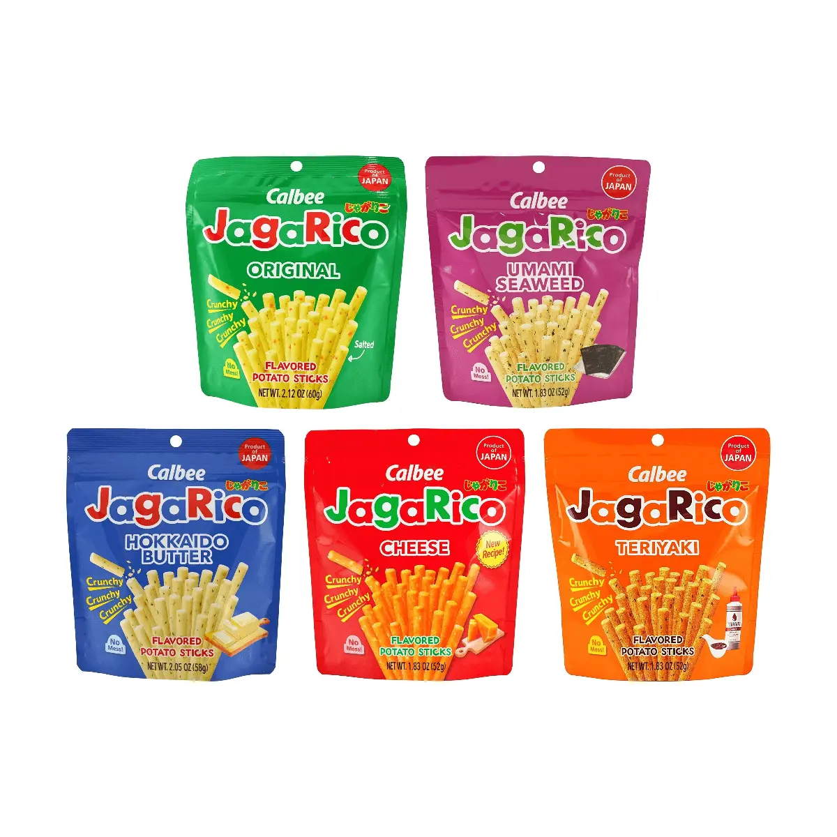 Calbee Jagarico Potato Sticks Snack Variety Pack - 5 Flavors (Original, Seaweed, Butter, Cheese, Teriyaki) - 52g x 5 Bags