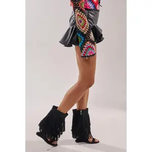 AKIRA GOLD SESTINA BLACK FAUX SUEDE FRINGE WEDGE SANDAL