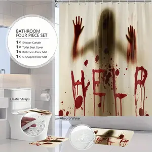 4pcs Halloween horror blood handprint design, exquisite shower curtain set, non-slip floor mat, U-shaped carpet, toilet cover, perfect for bathroom decoration, partition, beautify the space, 12 shower curtain hooks are given