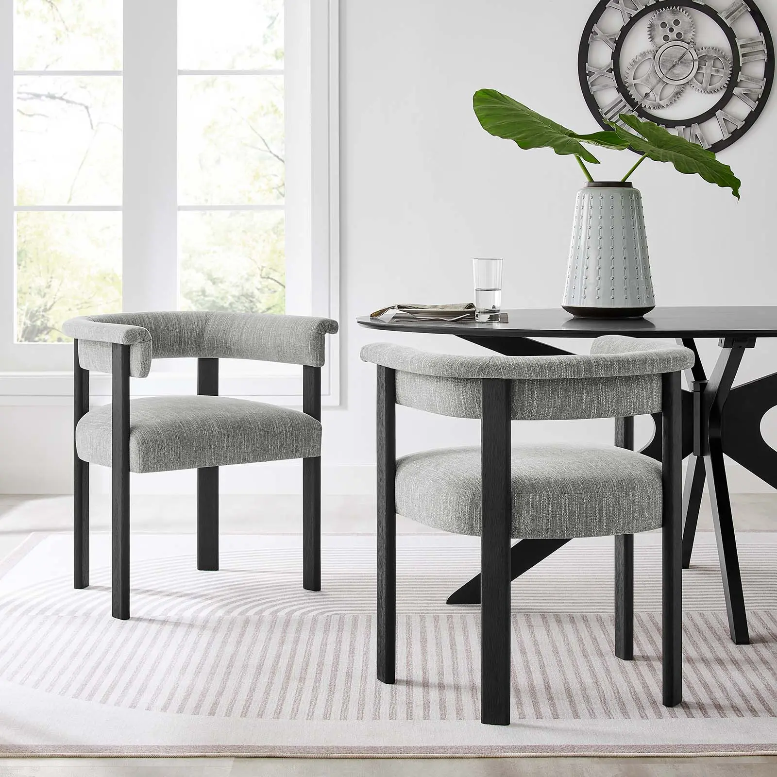 Modway Imogen Modern Dining Chairs - Set of 2, Heathered Woven Gray-Black Fabric Padded Kitchen Dining Chairs, Comfy Barrel Upholstered Indoor Furniture, Comfy Chairs, Barrel Chair