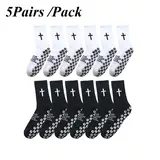 Unisex 5-Pair Cotton Athletic Gym Socks Packs - Cross & Football Patterns, Non-Slip Grip for Yoga/Basketball, One Size, Cold Wash & Machine Washable, All Seasons,sohochic