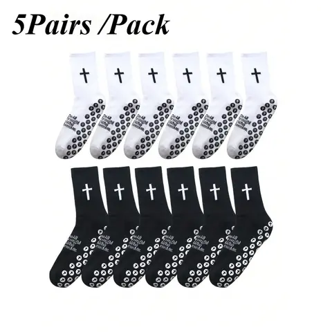 Unisex 5-Pair Cotton Athletic Gym Socks Packs - Cross & Football Patterns, Non-Slip Grip for Yoga/Basketball, One Size, Cold Wash & Machine Washable, All Seasons,sohochic