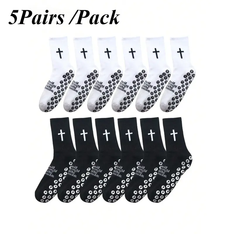 Unisex 5-Pair Cotton Athletic Gym Socks Packs - Cross & Football Patterns, Non-Slip Grip for Yoga/Basketball, One Size, Cold Wash & Machine Washable, All Seasons,sohochic
