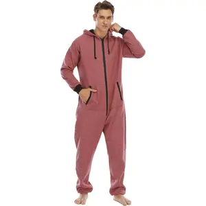 Men's Thick Sleepwear Fleece Jumpsuit - Stylish Long Sleeve Athletic Loungewear in Beige with Comfortable Fit and Versatile Design