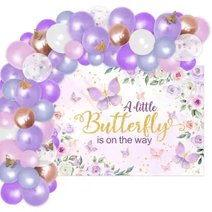 Butterfly Baby Shower Decorations For Girl Purple A Little Butterfly Is On The Way Baby Shower Backdrop Banner And Balloons Garland Kit Pastel Fairy Baby Shower Party Photo Ideas Set Of 64