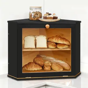 Bamboo Corner Bread Box for Countertop - Layer Bread with Clear Window, Black Wooden Bread Organizer for Homemade Bread, Cabinet, Fits Countertop & Pantry
