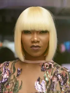 Golden Human Hair Bob Wig with Bangs,10 Inch Shine Blonde Full Machine Made Wig,Ready to Wear, Cosy Fit for Women Casual Outings and Social Gatherings