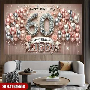 1pc 2D Flat Personalized Custom Name "Happy 60th Birthday" Elegant Balloon with Stone Background Fabric, Multifunctional Party Wall Decoration for Home Decor, Suitable for Various Occasions and Patte Banners White