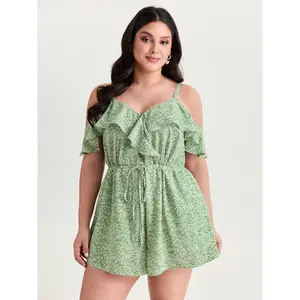BLOOMCHIC Plus Size Ruffled Floral Print Drawstring Waist Romper [M-6X]2026 Summer Vibes