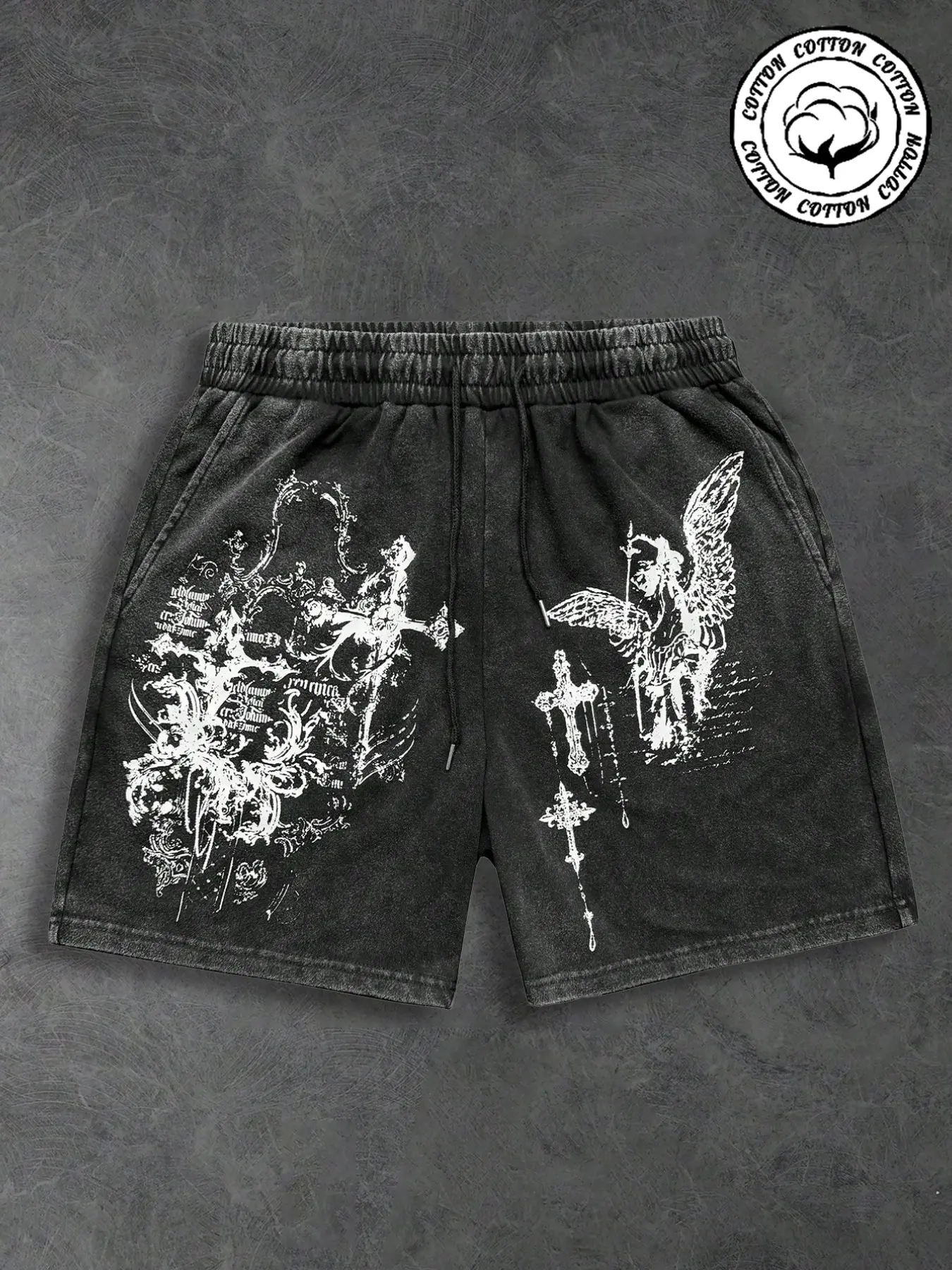 Men's Vintage Wash Gothic Cross Graphic Print Shorts, Contrast Cross + Scroll Pattern Details + Drawstring Waist + Soft Fleece Fabric for Y2K Grunge Style Casual Wear