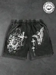 Men's Vintage Wash Gothic Cross Graphic Print Shorts, Contrast Cross + Scroll Pattern Details + Drawstring Waist + Soft Fleece Fabric for Y2K Grunge Style Casual Wear